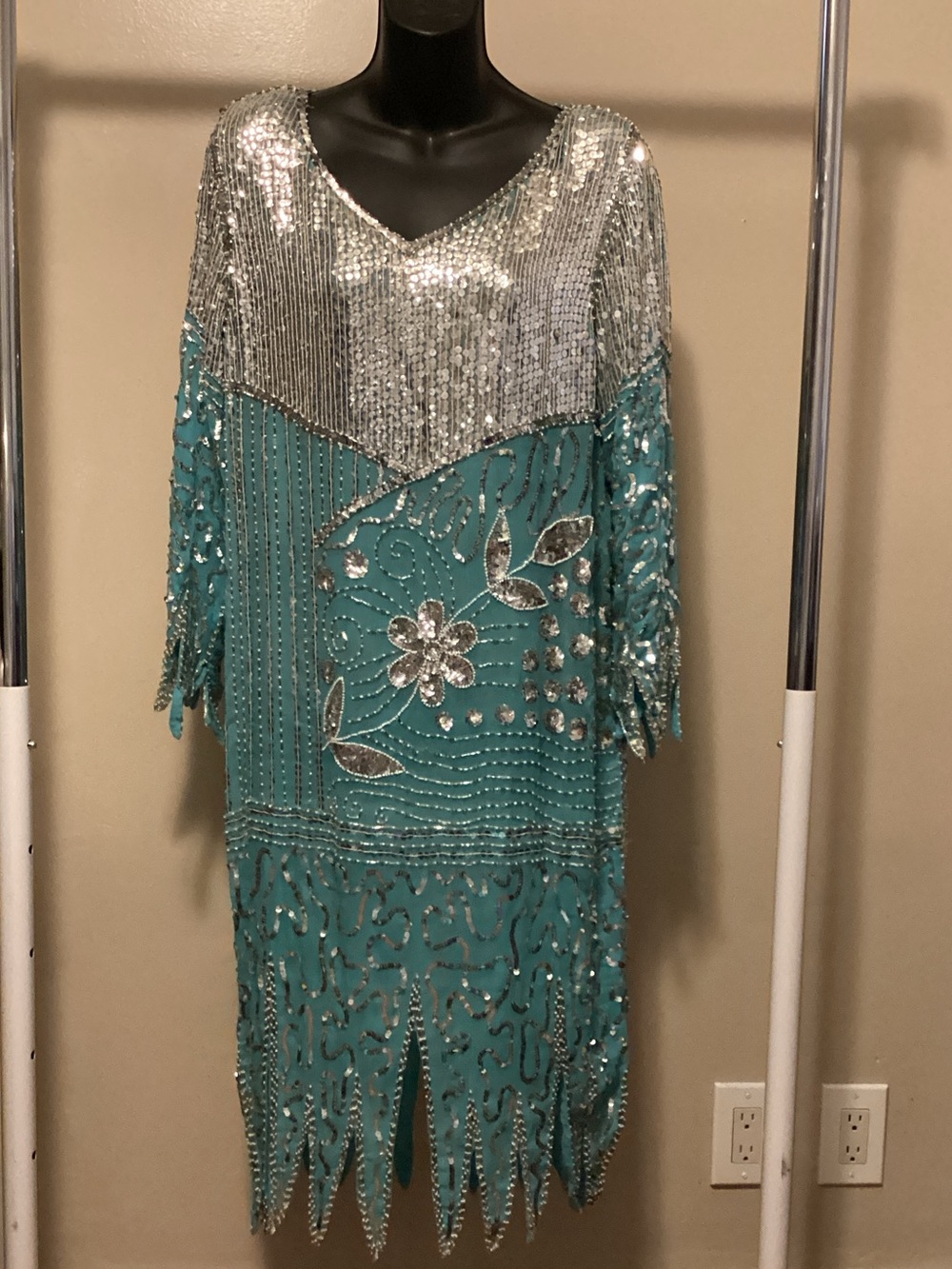 Teal Sequin & Beaded V-Neck Long Sleeve Dress